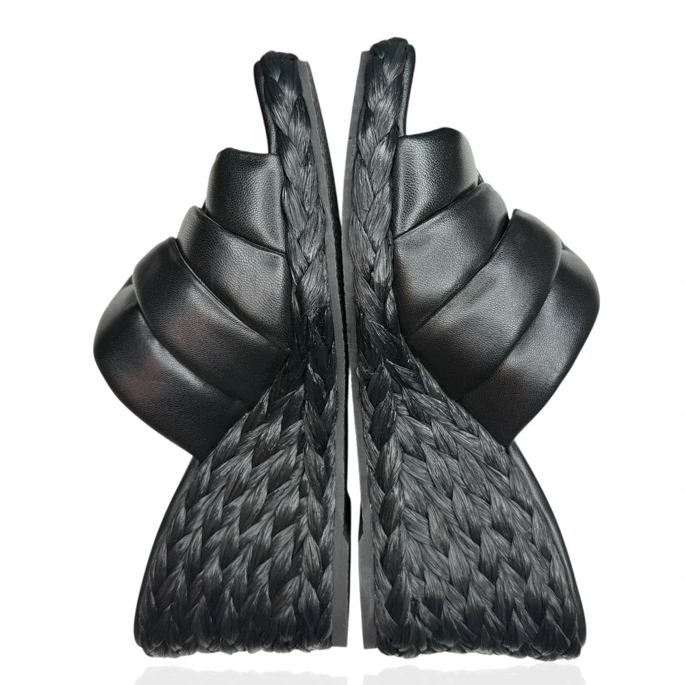 Vince Camuto Lauren Beverlin Poppy Black Leather High Wedge Slip On Sandal 9M US